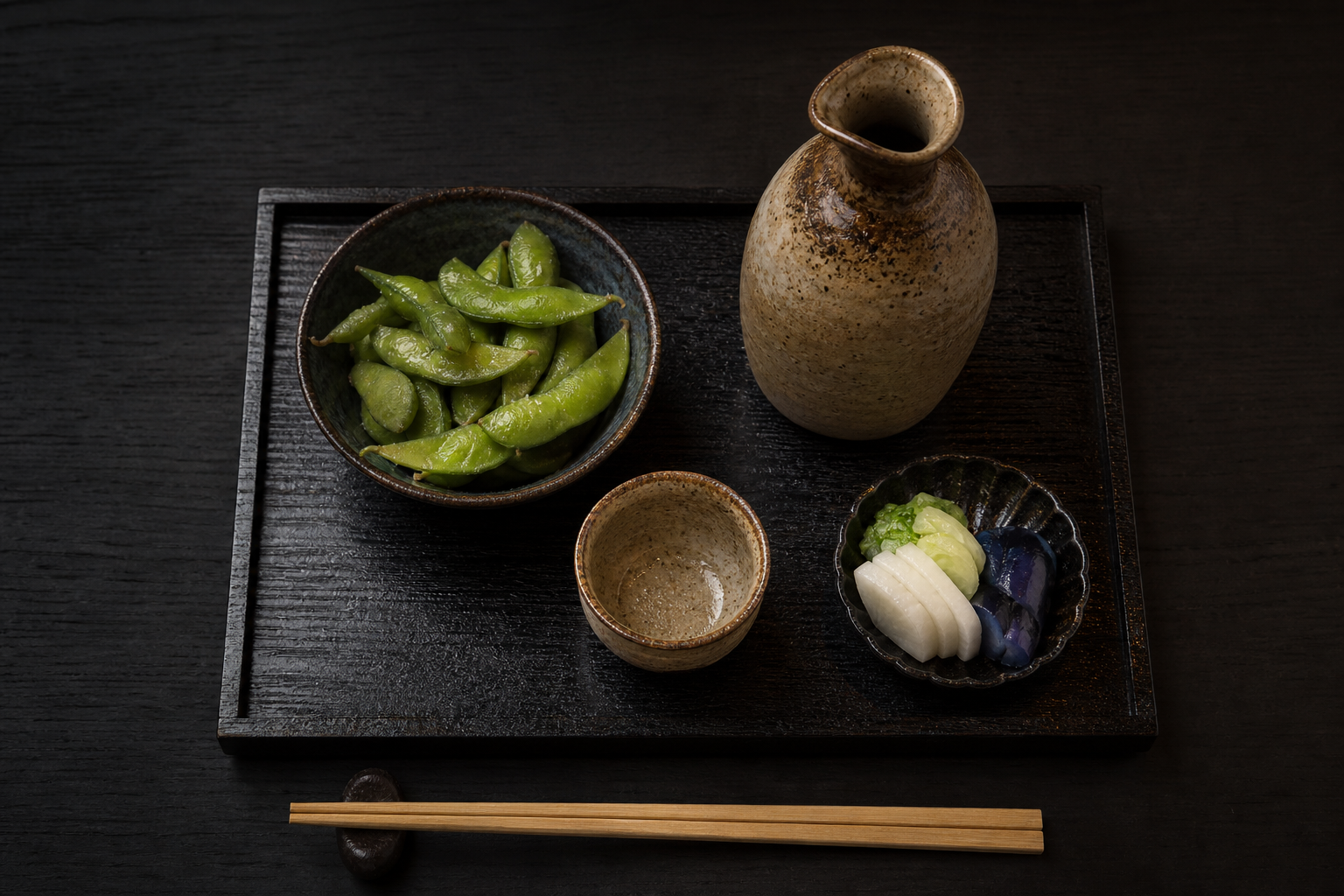 徳利と盃、おばんざいの盛り合わせ